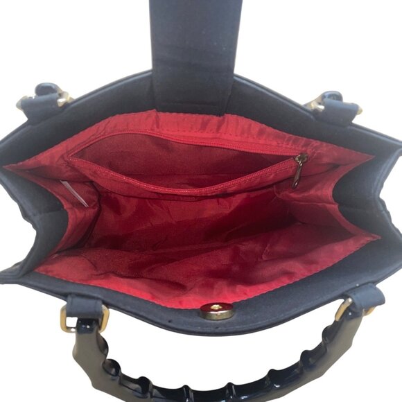 Tianni Women’s Black Christmas Embroidered Gift/Tree Bamboo Handles Handbag Sz S - Picture 8 of 9